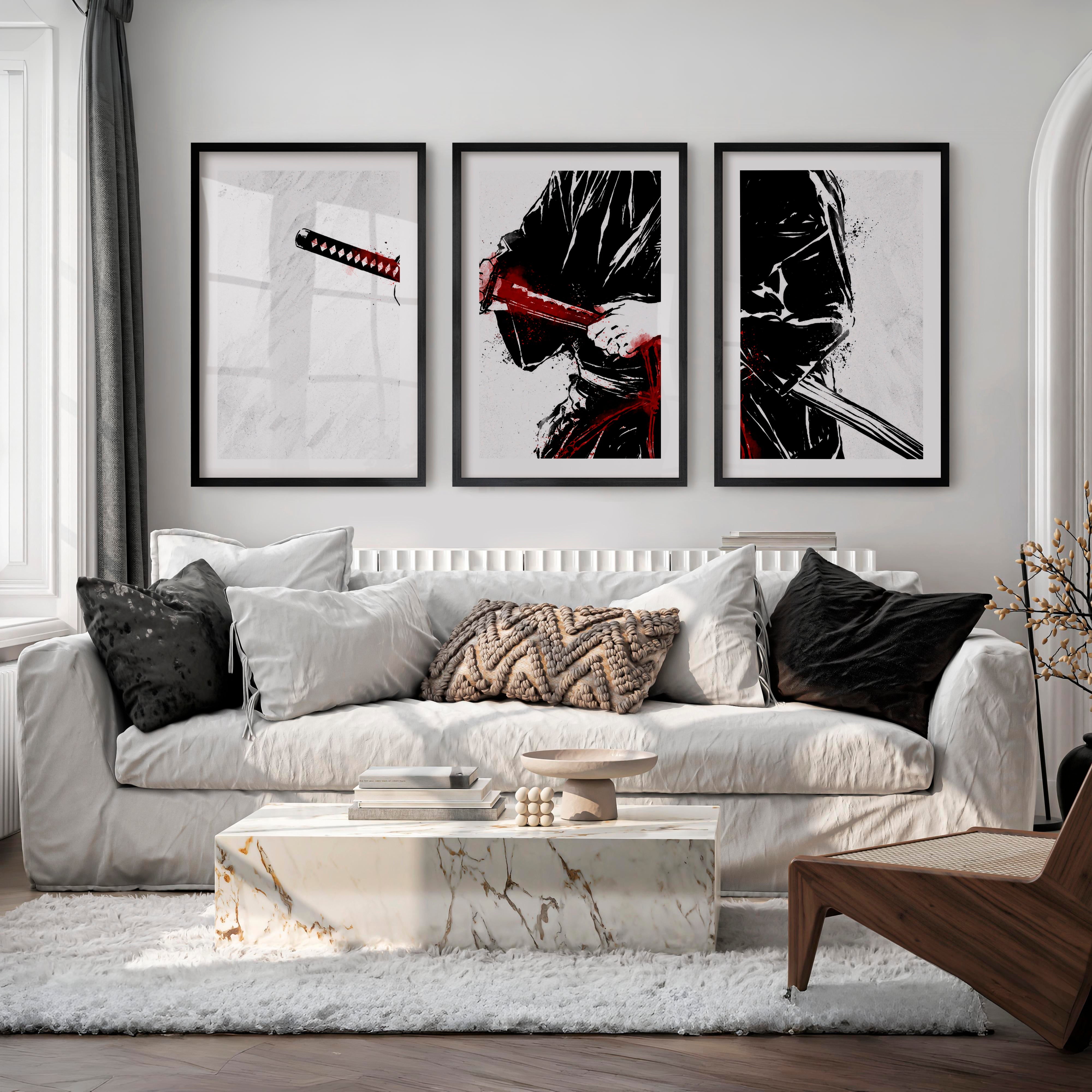 Japanese Art Wall Decor Featuring Cherry Blossom Branches - Black Framed Poster with White Border - Artworksets
