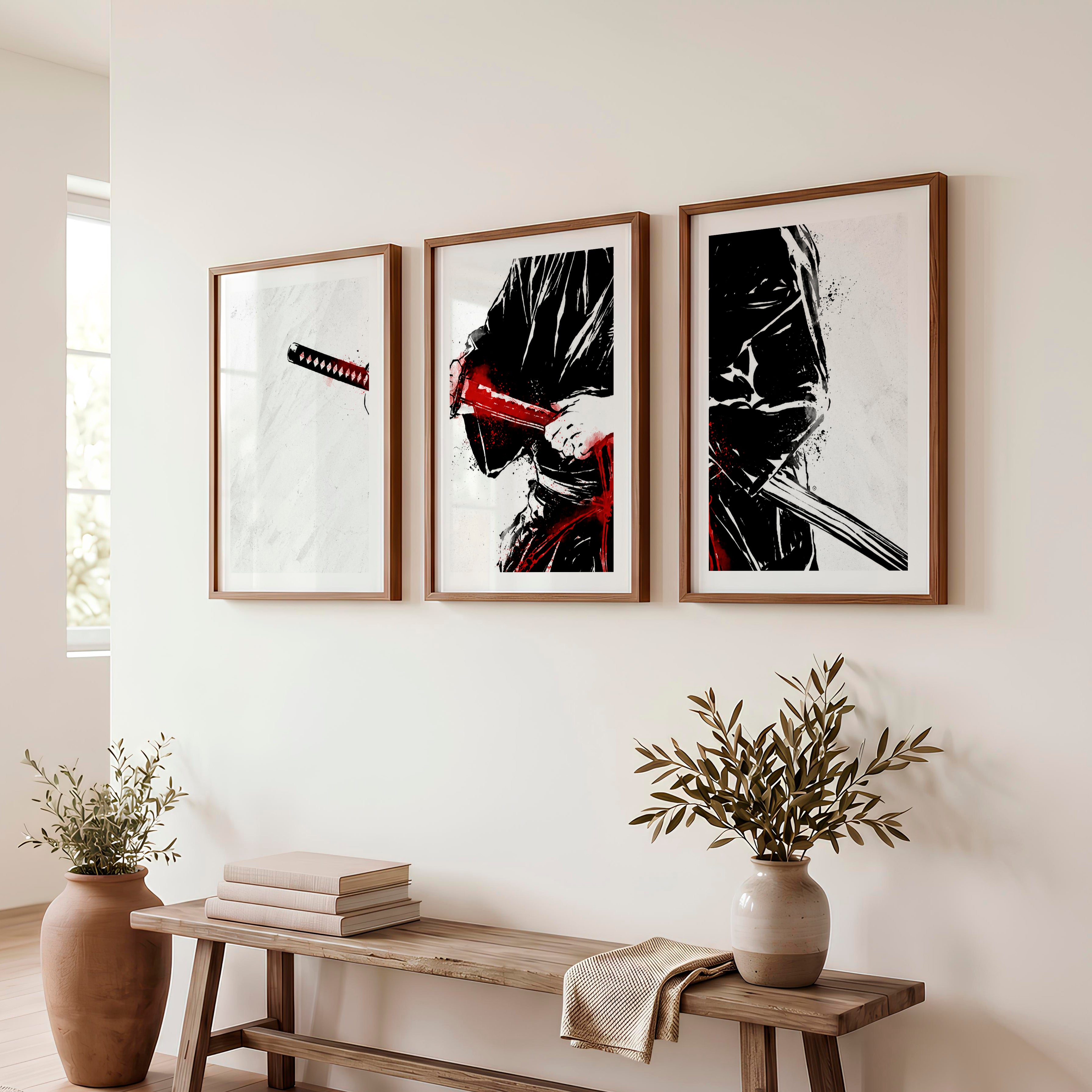 Japanese Art Wall Decor Featuring Cherry Blossom Branches - Dark Brown Framed Poster with White Border - Artworksets