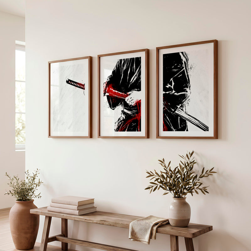Japanese Art Wall Decor Featuring Cherry Blossom Branches - Dark Brown Framed Poster with White Border - Artworksets