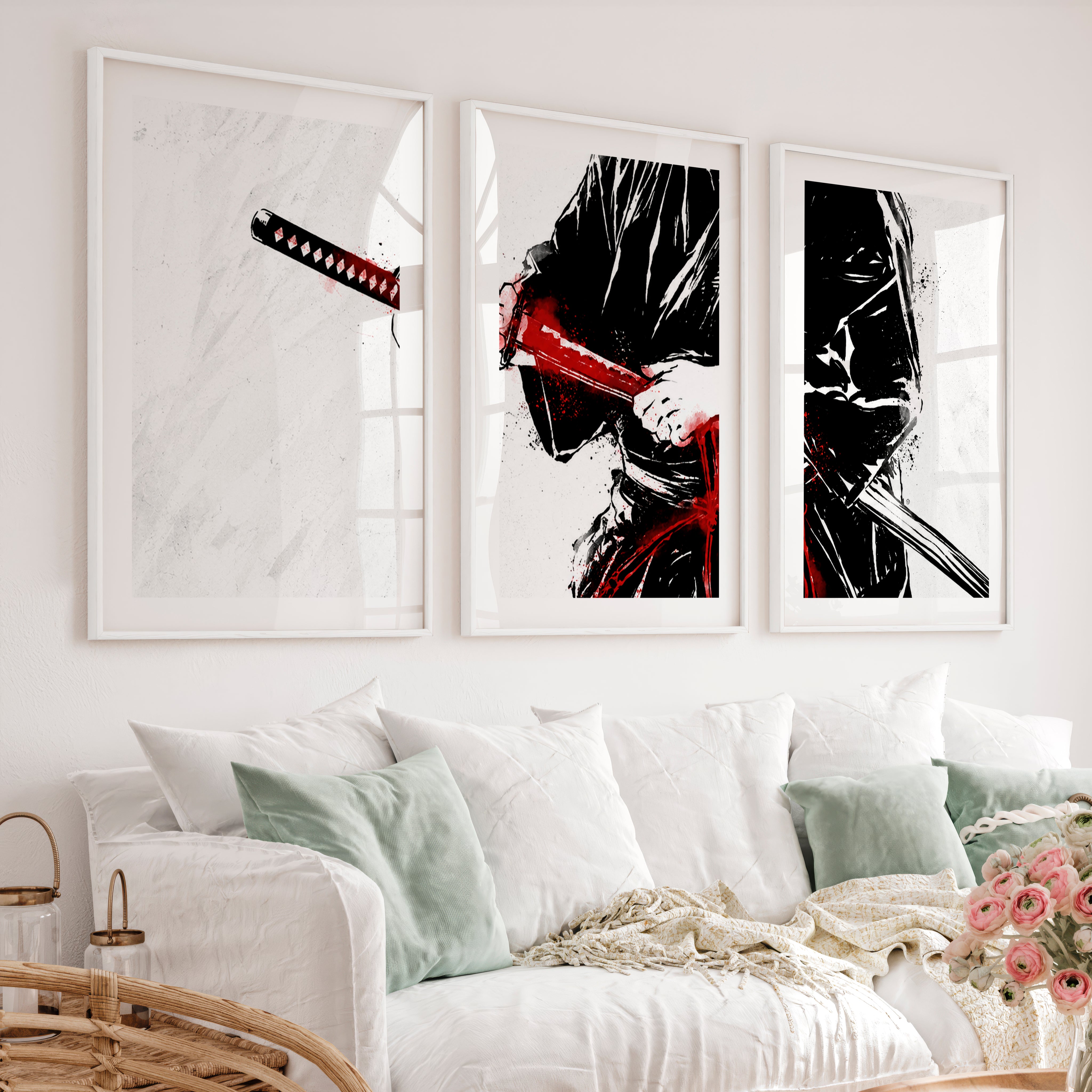 Japanese Art Wall Decor Featuring Cherry Blossom Branches - White Framed Poster with White Border - Artworksets