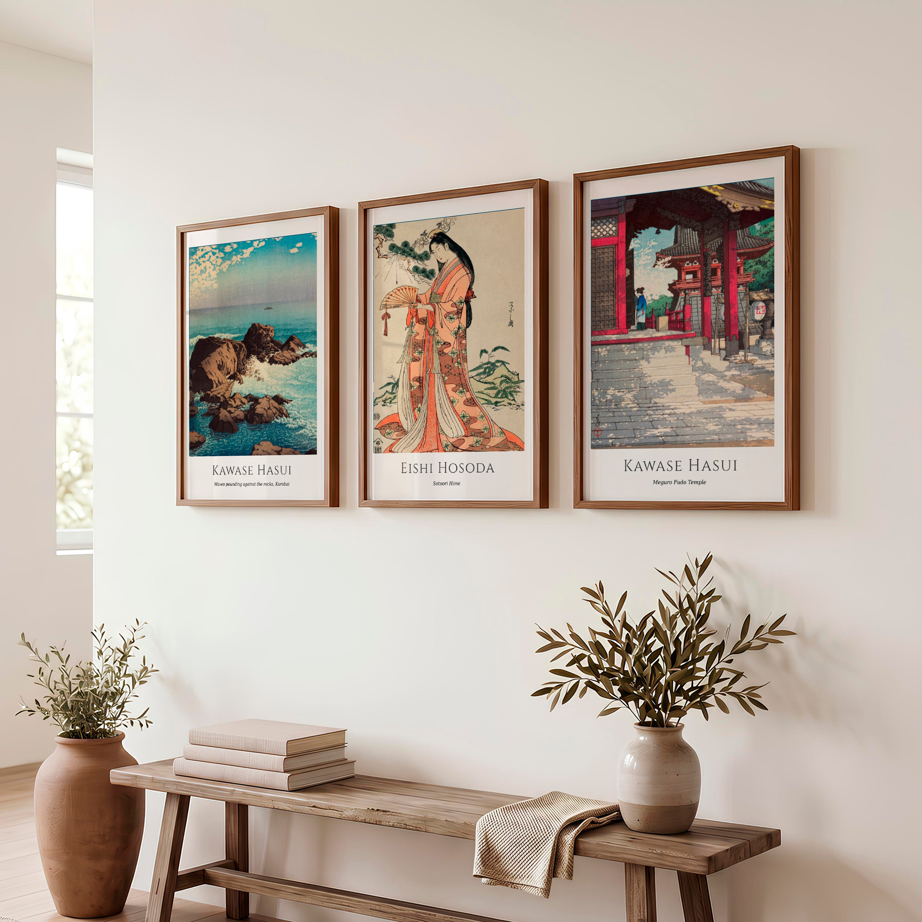 Hasui Temple and Ocean Japanese Art Wall Decor - Dark Brown Framed Poster No Border - Artworksets
