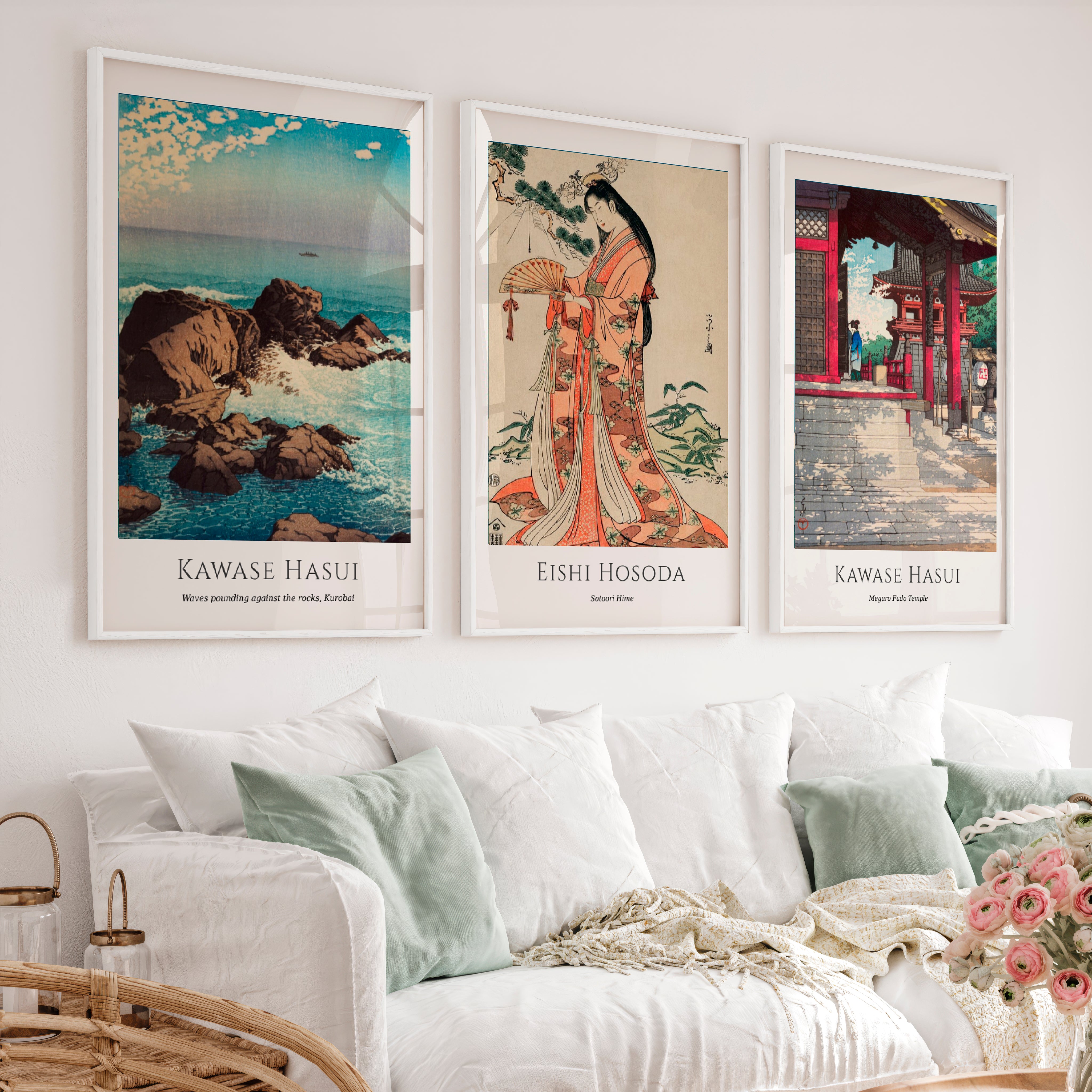 Hasui Temple and Ocean Japanese Art Wall Decor - White Framed Poster No Border - Artworksets