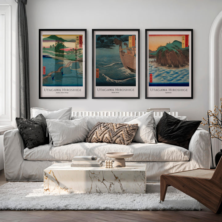 Hiroshige japanese art wall Set with Bridge and Ocean Views - Black Framed Poster No Border - Artworksets