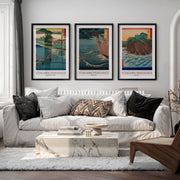 Hiroshige japanese art wall Set with Bridge and Ocean Views - Black Framed Poster with White Border - Artworksets