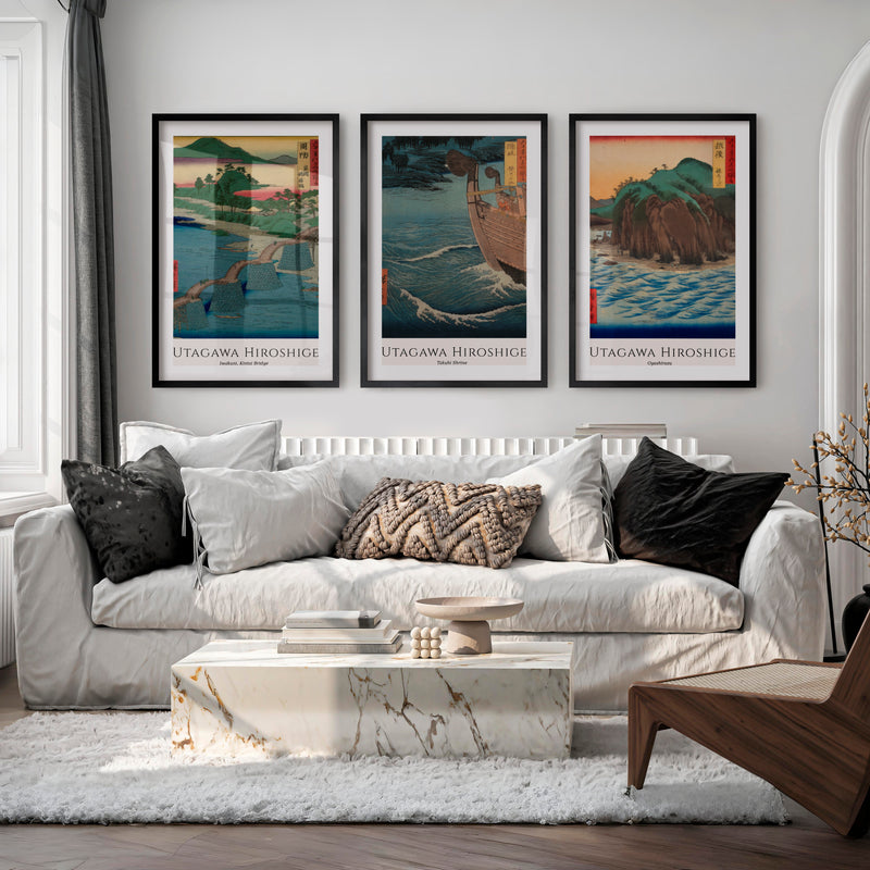 Hiroshige japanese art wall Set with Bridge and Ocean Views - Black Framed Poster with White Border - Artworksets