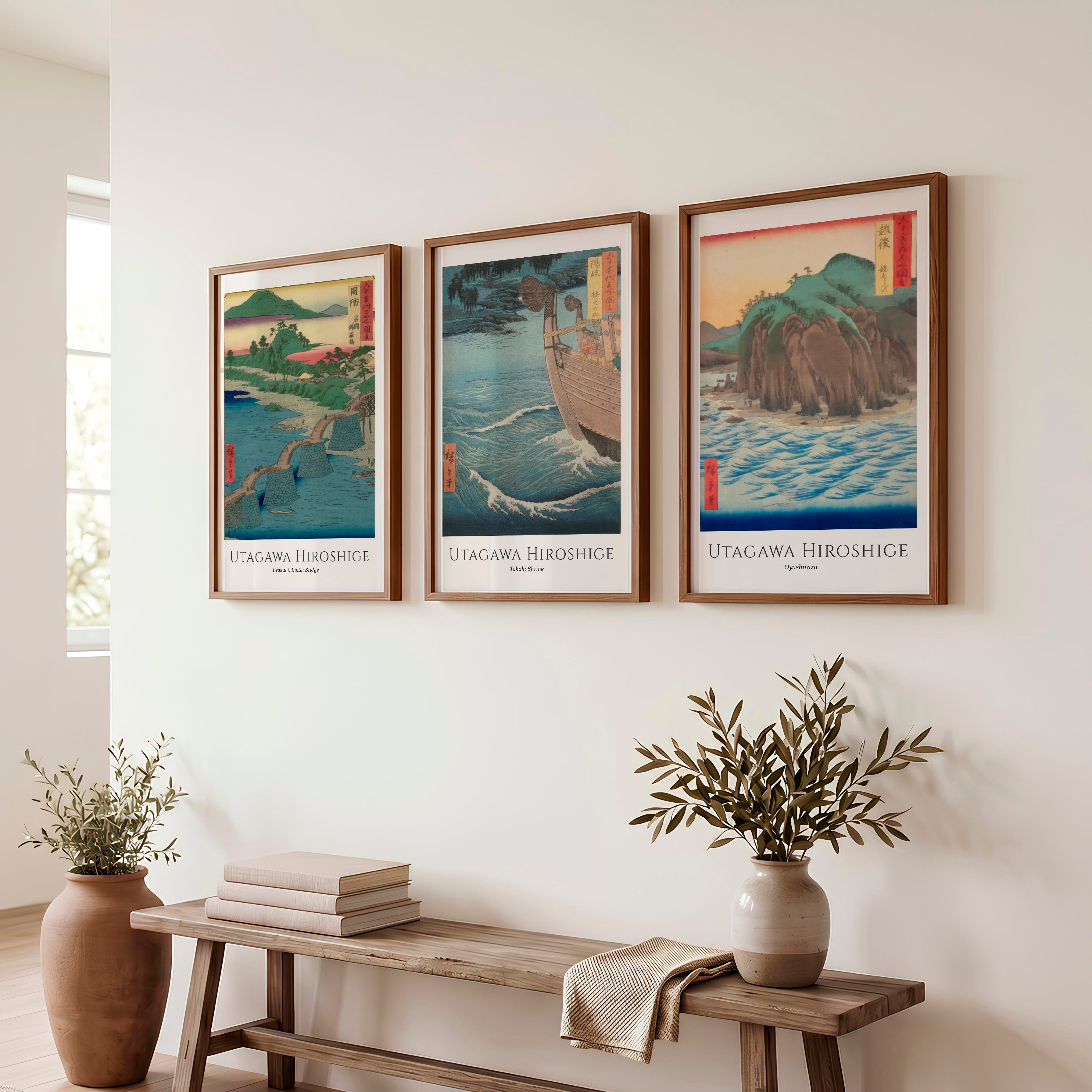 Hiroshige japanese art wall Set with Bridge and Ocean Views - Dark Brown Framed Poster No Border - Artworksets