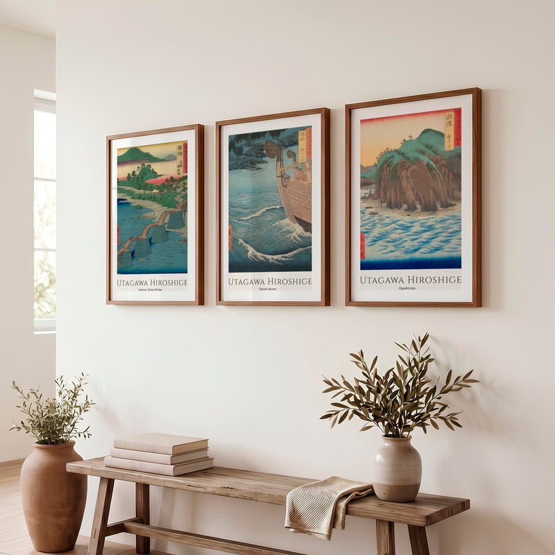 Hiroshige japanese art wall Set with Bridge and Ocean Views - Dark Brown Framed Poster with White Border - Artworksets