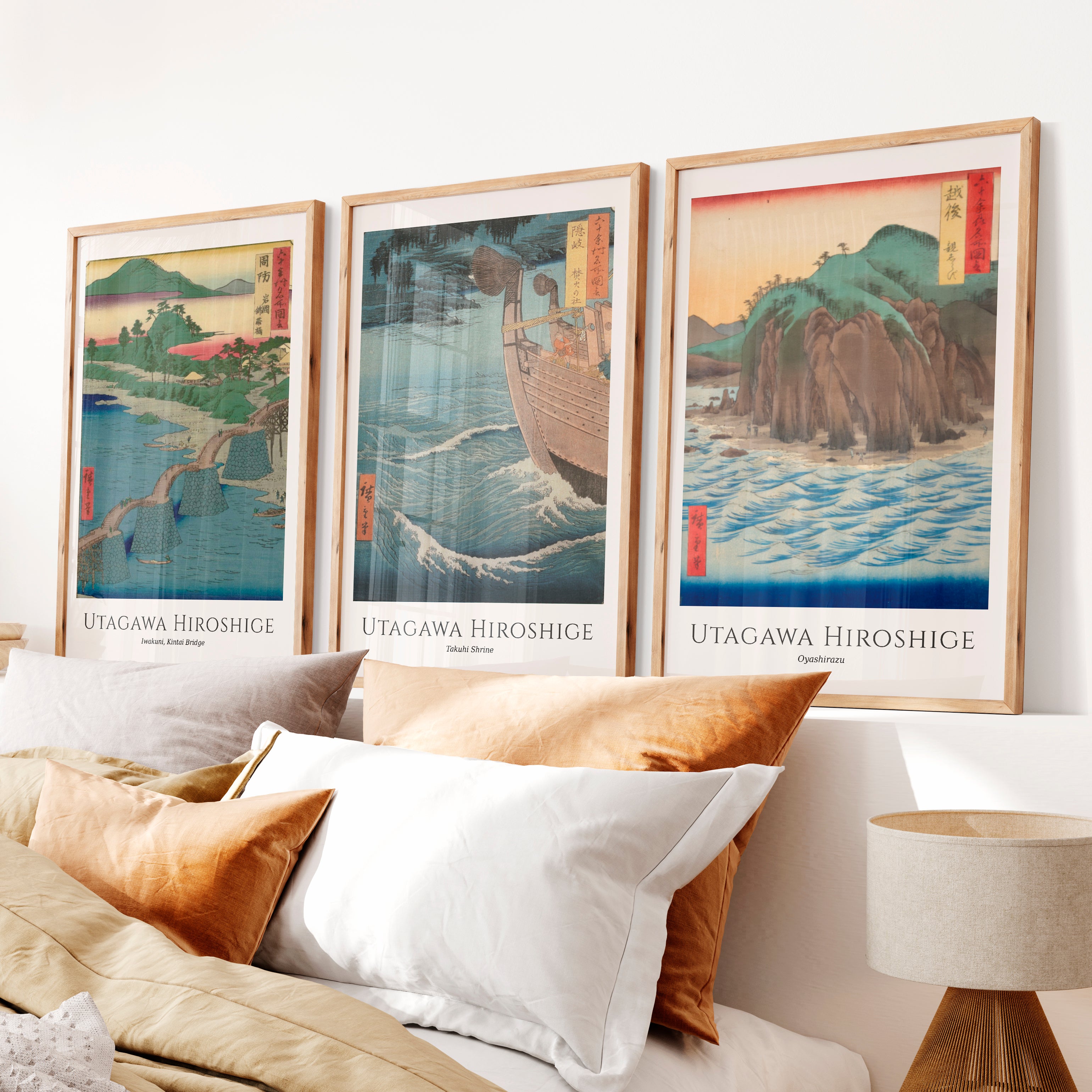 Hiroshige japanese art wall Set with Bridge and Ocean Views - Natural Wood Framed Poster No Border - Artworksets