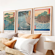 Hiroshige japanese art wall Set with Bridge and Ocean Views - Natural Wood Framed Poster No Border - Artworksets