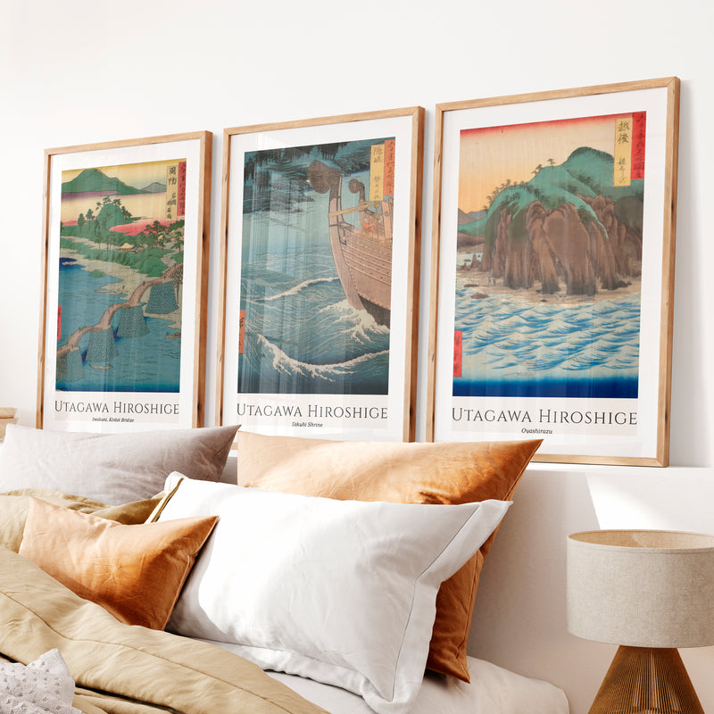 Hiroshige japanese art wall Set with Bridge and Ocean Views- Natural Wood Framed Poster with White Border - Artworksets