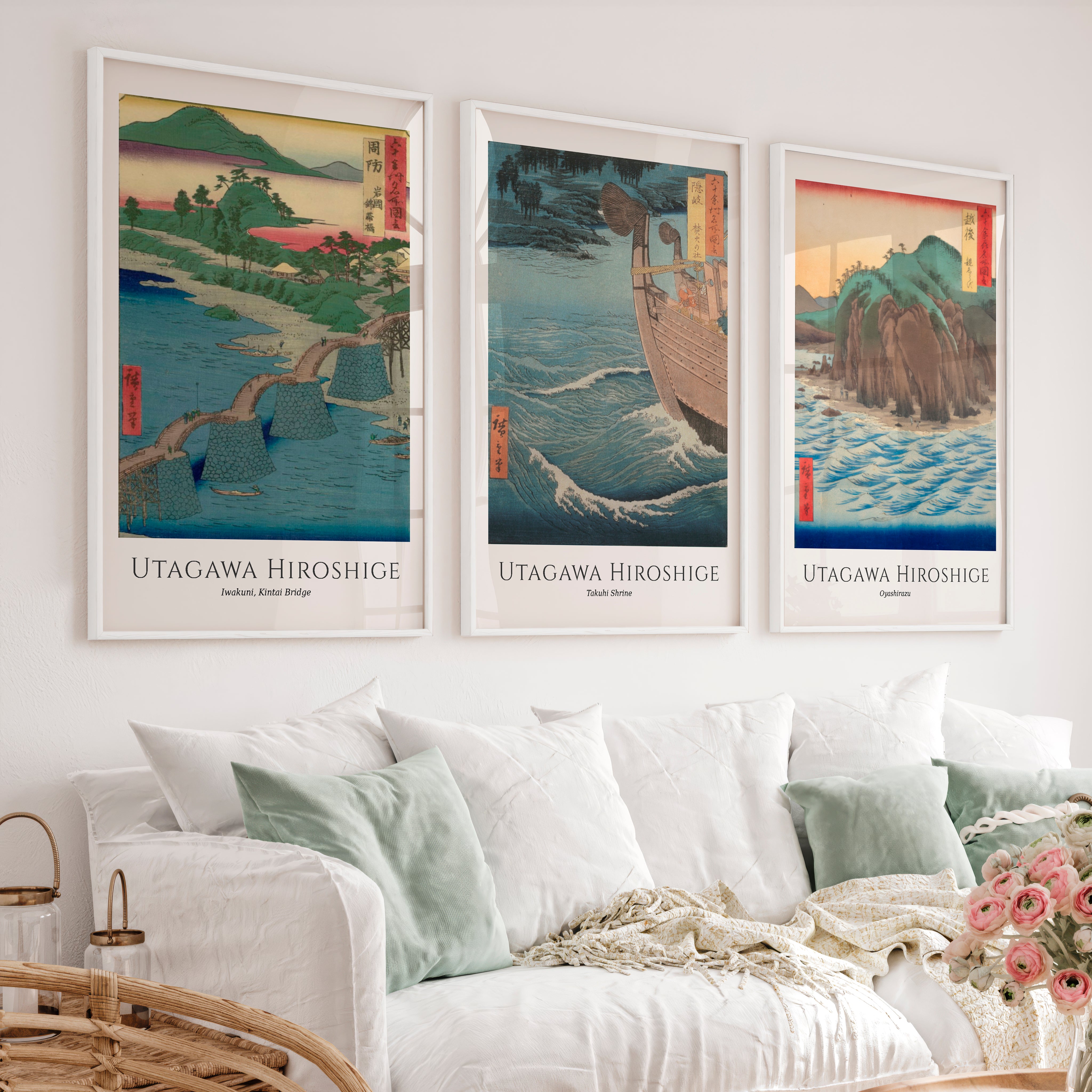 Hiroshige japanese art wall Set with Bridge and Ocean Views - White Framed Poster No Border - Artworksets
