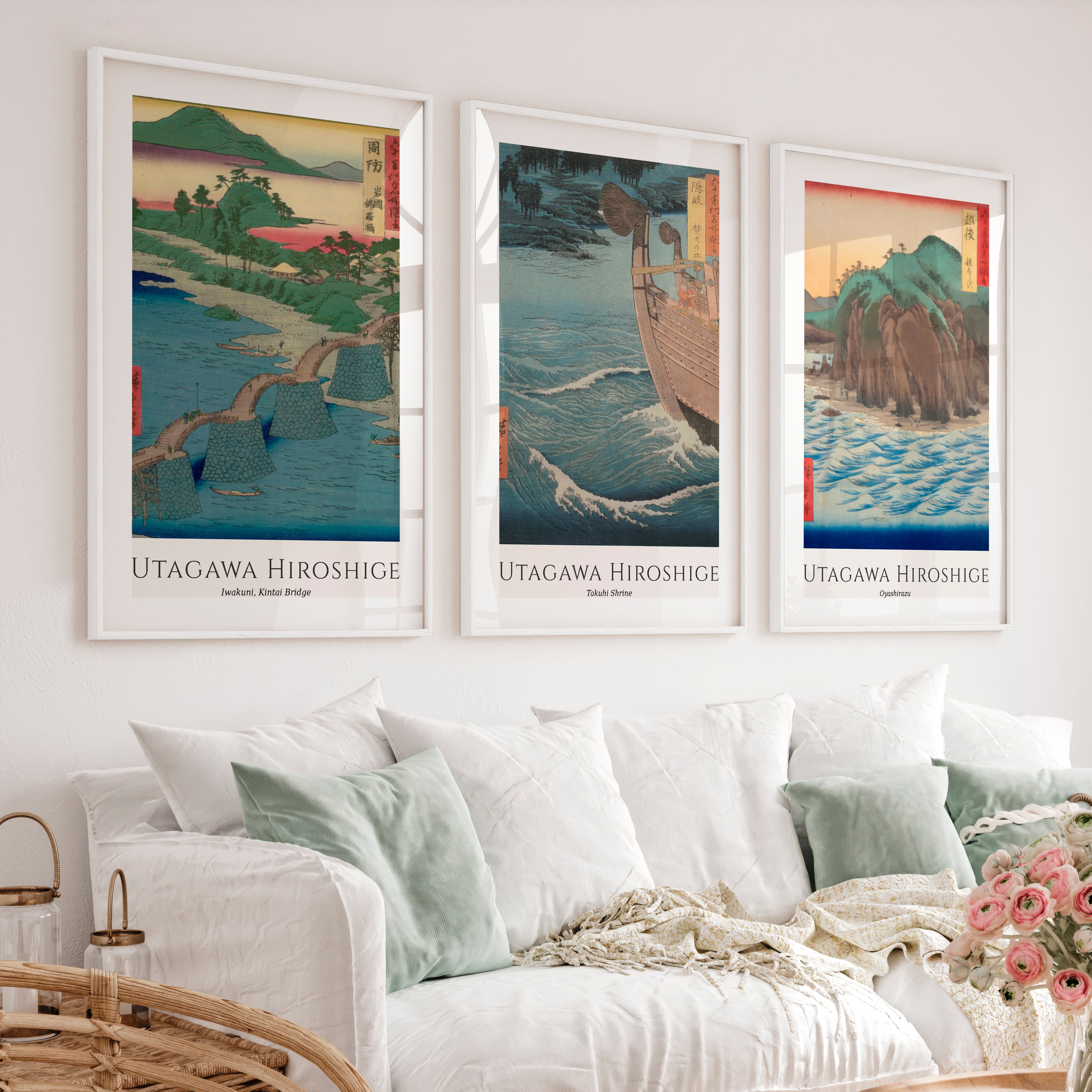 Hiroshige japanese art wall Set with Bridge and Ocean Views - White Framed Poster with White Border - Artworksets
