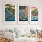 Hiroshige japanese art wall Set with Bridge and Ocean Views - White Framed Poster with White Border - Artworksets