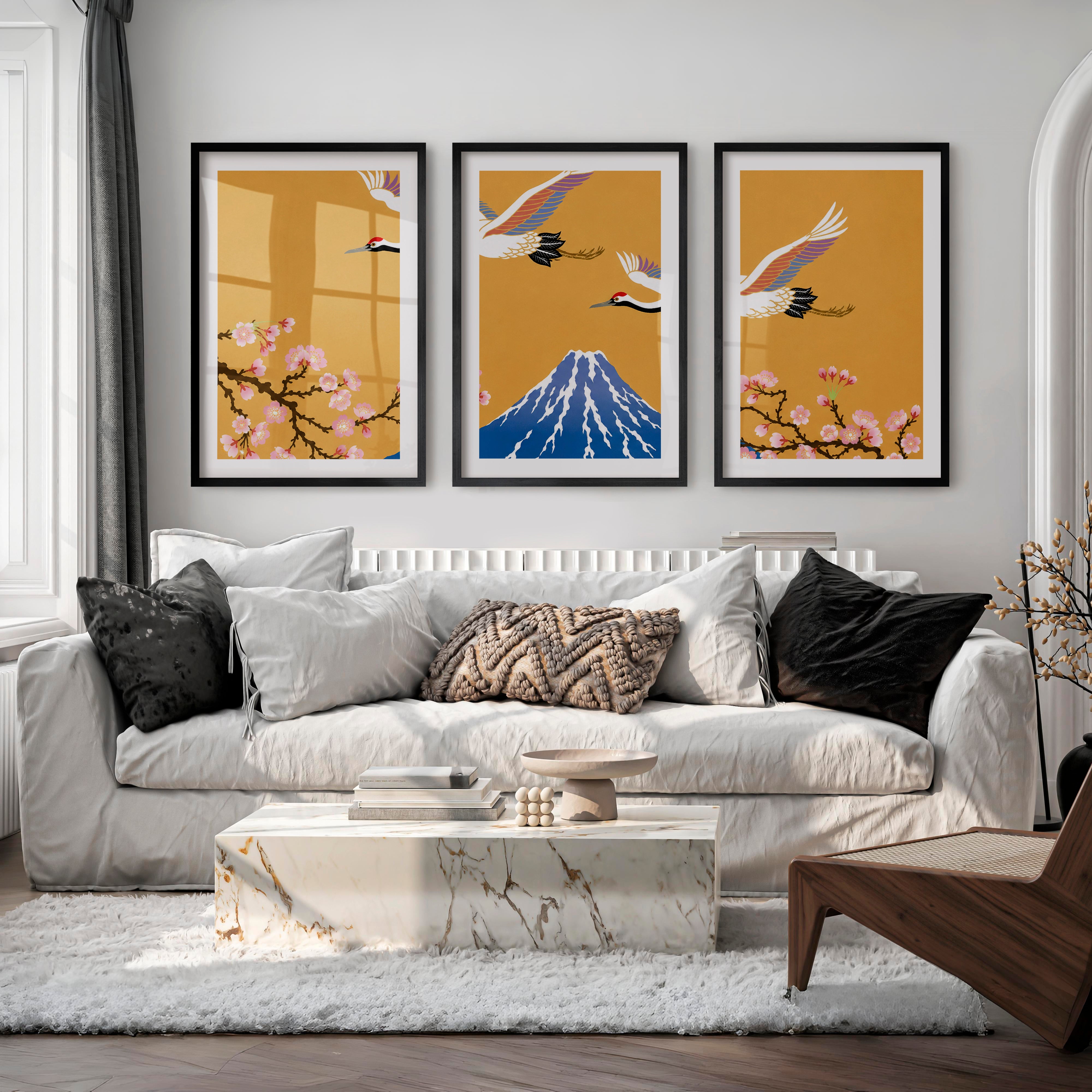 Elegant Japanese Art Wall Featuring Abstract Ink Brushstroke Wave - Black Framed Poster with White Border - Artworksets