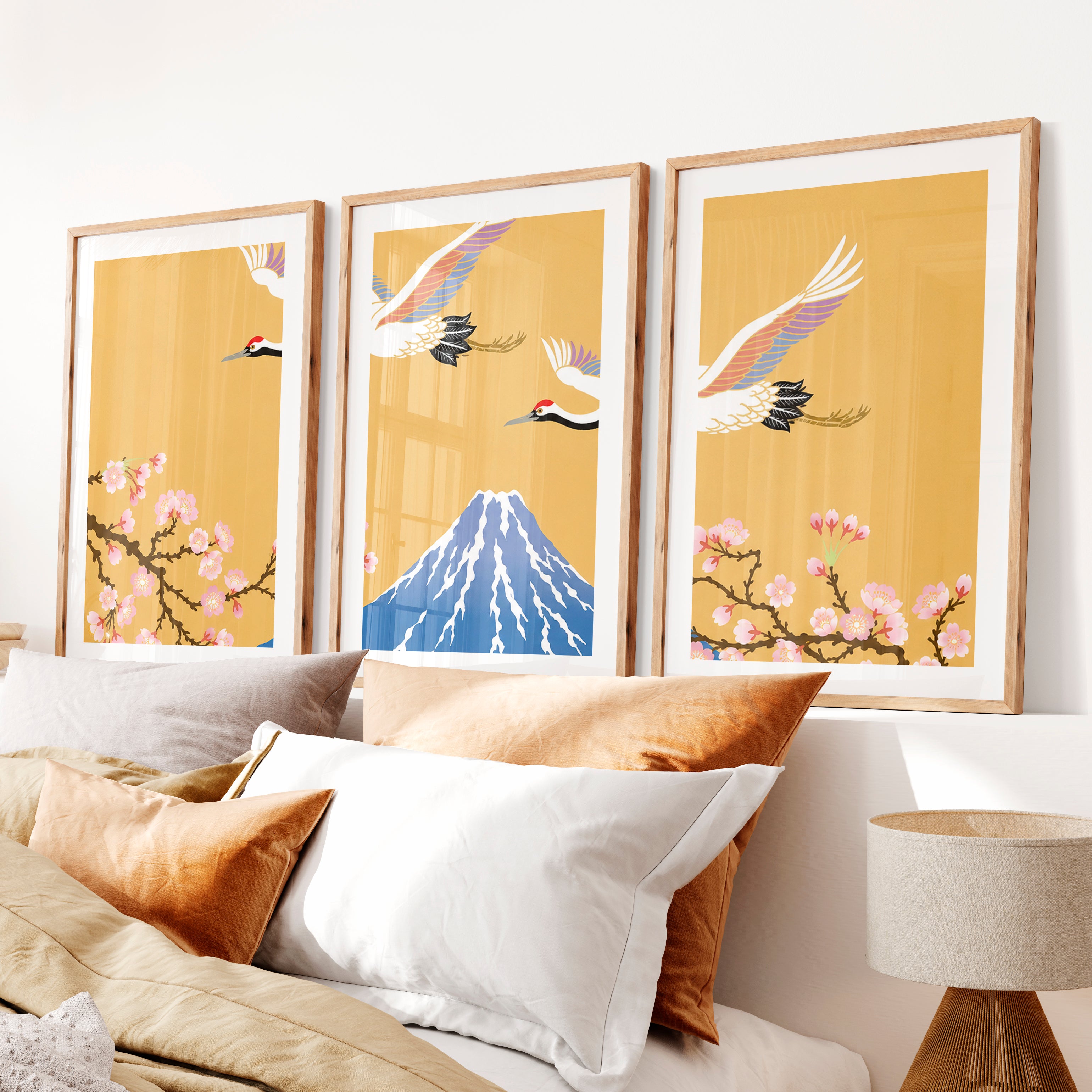 Elegant Japanese Art Wall Featuring Abstract Ink Brushstroke Wave- Natural Wood Framed Poster with White Border - Artworksets
