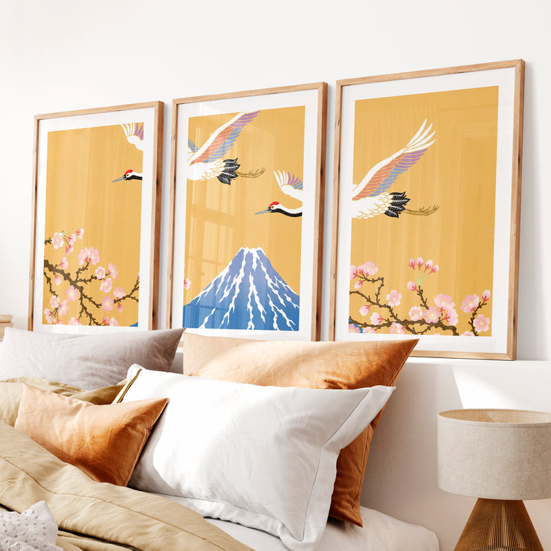 Elegant Japanese Art Wall Featuring Abstract Ink Brushstroke Wave- Natural Wood Framed Poster with White Border - Artworksets