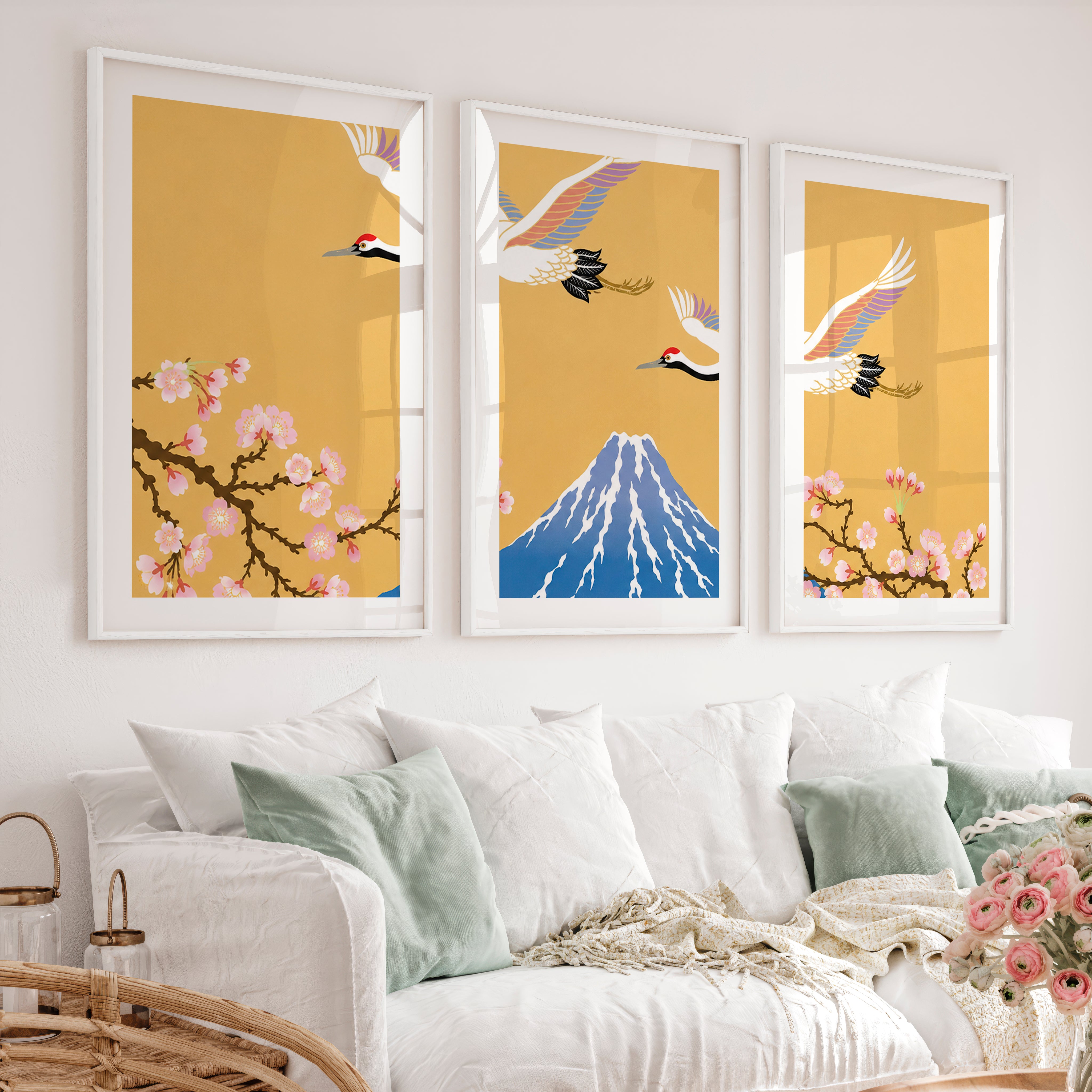 Elegant Japanese Art Wall Featuring Abstract Ink Brushstroke Wave - White Framed Poster with White Border - Artworksets