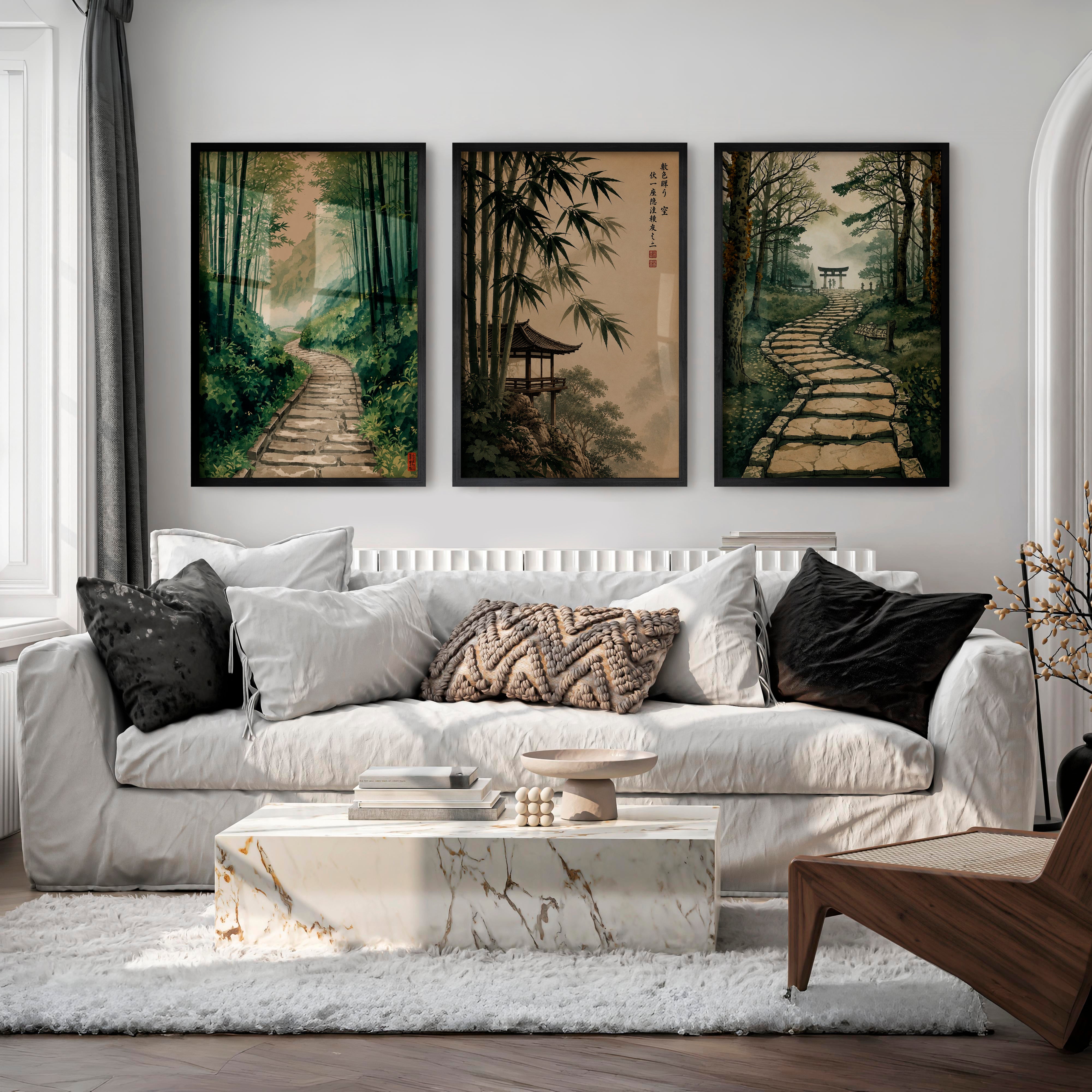 Japanese Art Wall Featuring Three Distinct Tree Illustrations - Black Framed Poster No Border - Artworksets