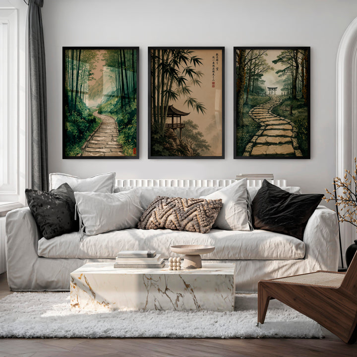 Japanese Art Wall Featuring Three Distinct Tree Illustrations - Black Framed Poster No Border - Artworksets
