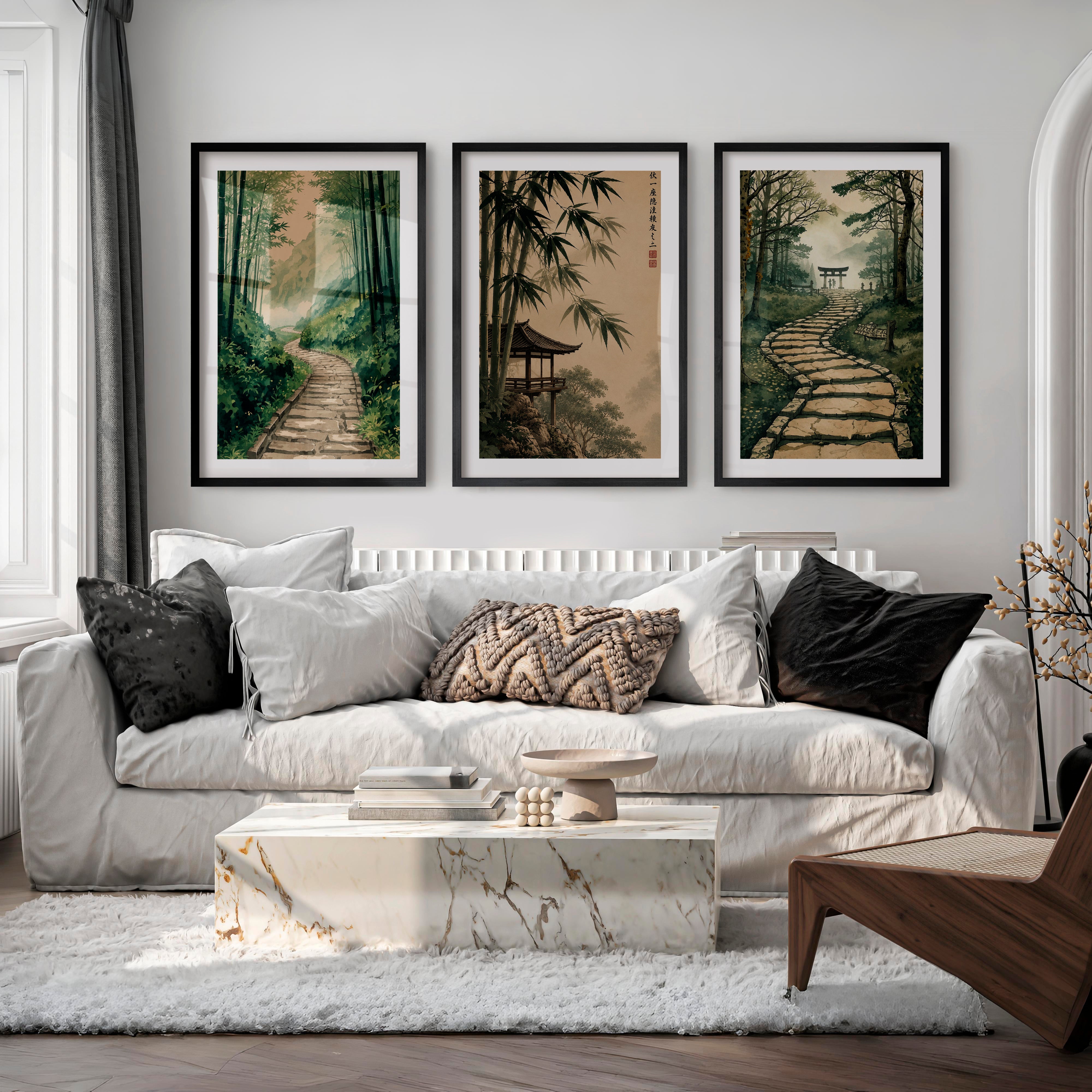 Japanese Art Wall Featuring Three Distinct Tree Illustrations - Black Framed Poster with White Border - Artworksets