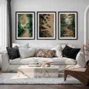 Japanese Art Wall Featuring Three Distinct Tree Illustrations - Black Framed Poster with White Border - Artworksets