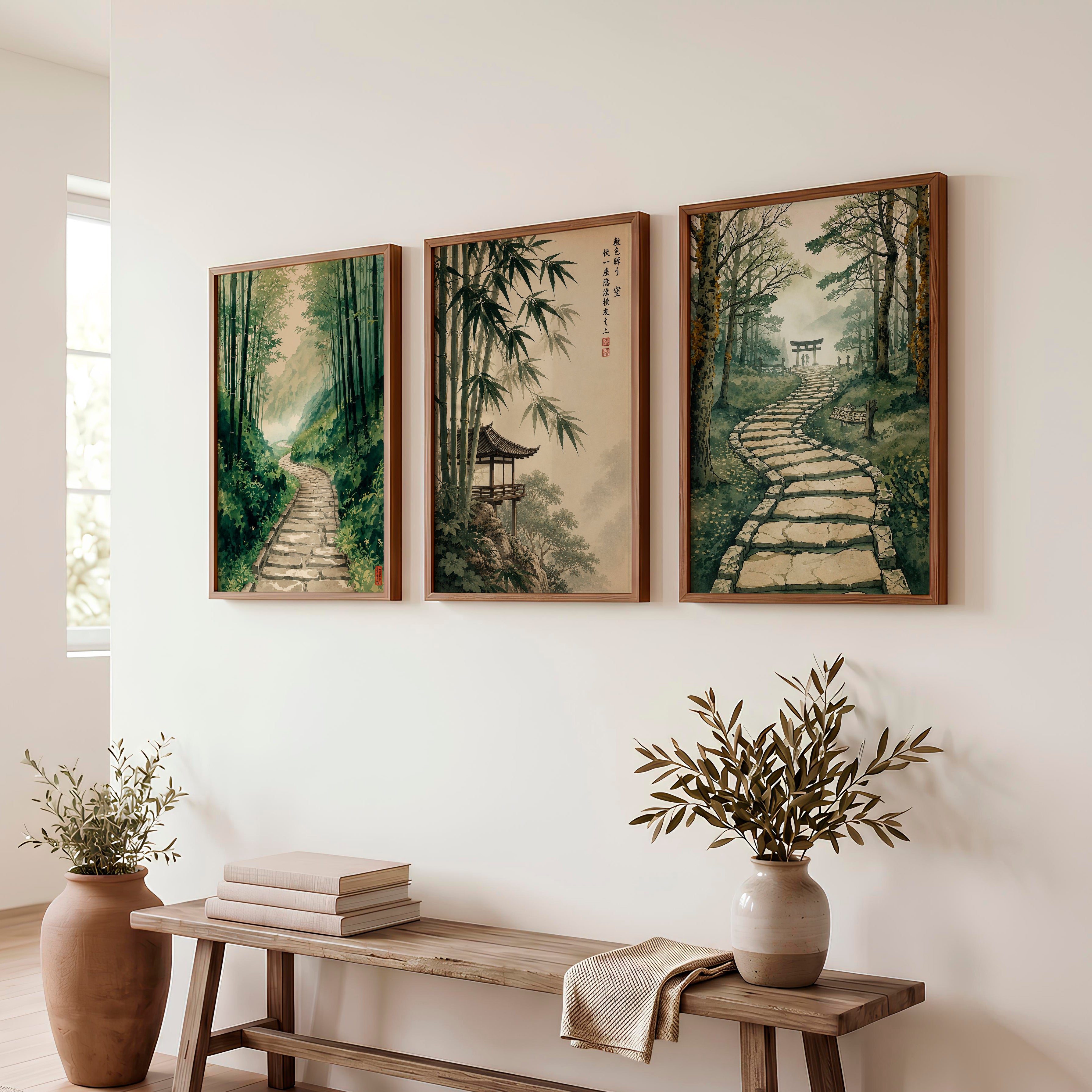 Japanese Art Wall Featuring Three Distinct Tree Illustrations - Dark Brown Framed Poster No Border - Artworksets