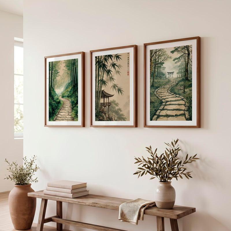 Japanese Art Wall Featuring Three Distinct Tree Illustrations - Dark Brown Framed Poster with White Border - Artworksets