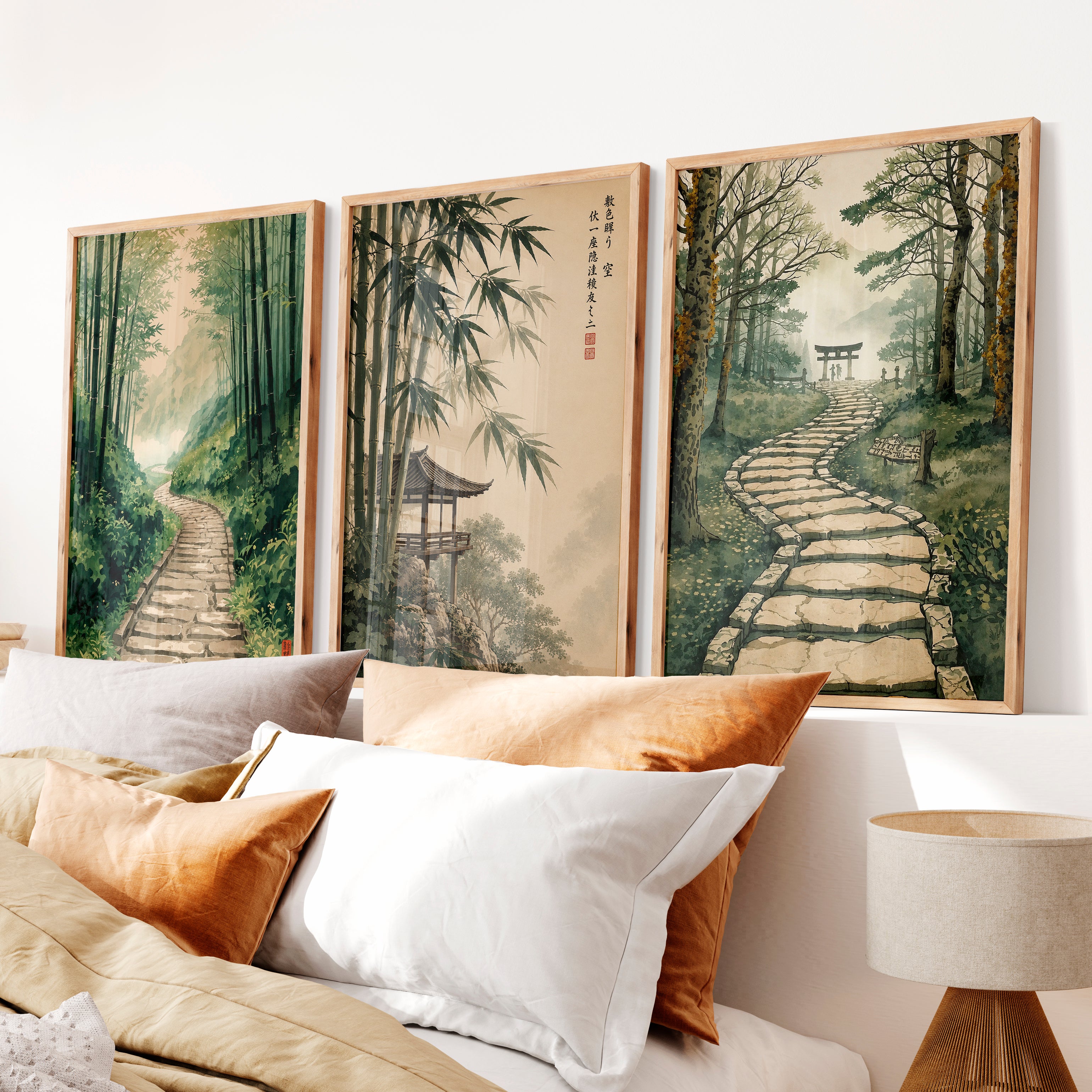 Japanese Art Wall Featuring Three Distinct Tree Illustrations - Natural Wood Framed Poster No Border - Artworksets