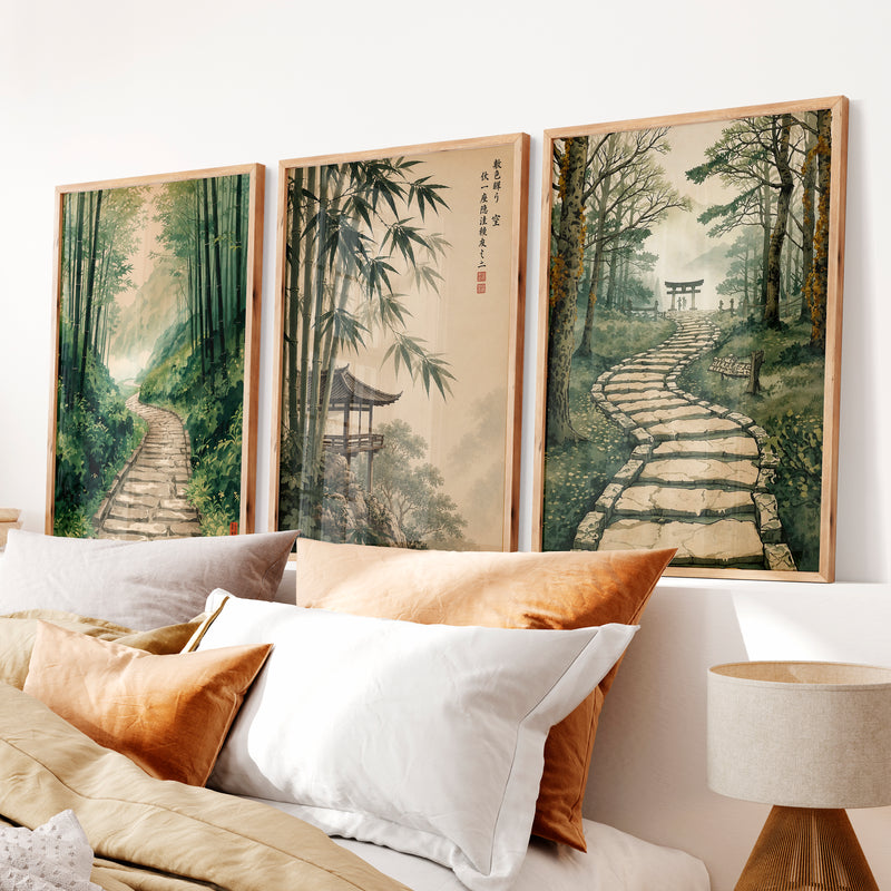 Japanese Art Wall Featuring Three Distinct Tree Illustrations - Natural Wood Framed Poster No Border - Artworksets