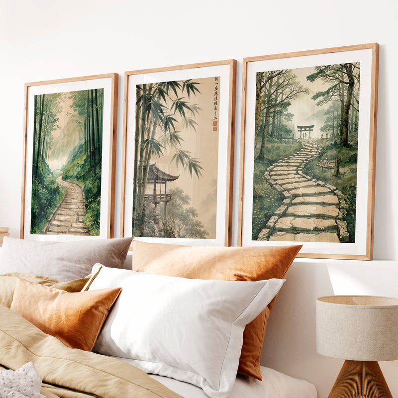 Japanese Art Wall Featuring Three Distinct Tree Illustrations- Natural Wood Framed Poster with White Border - Artworksets