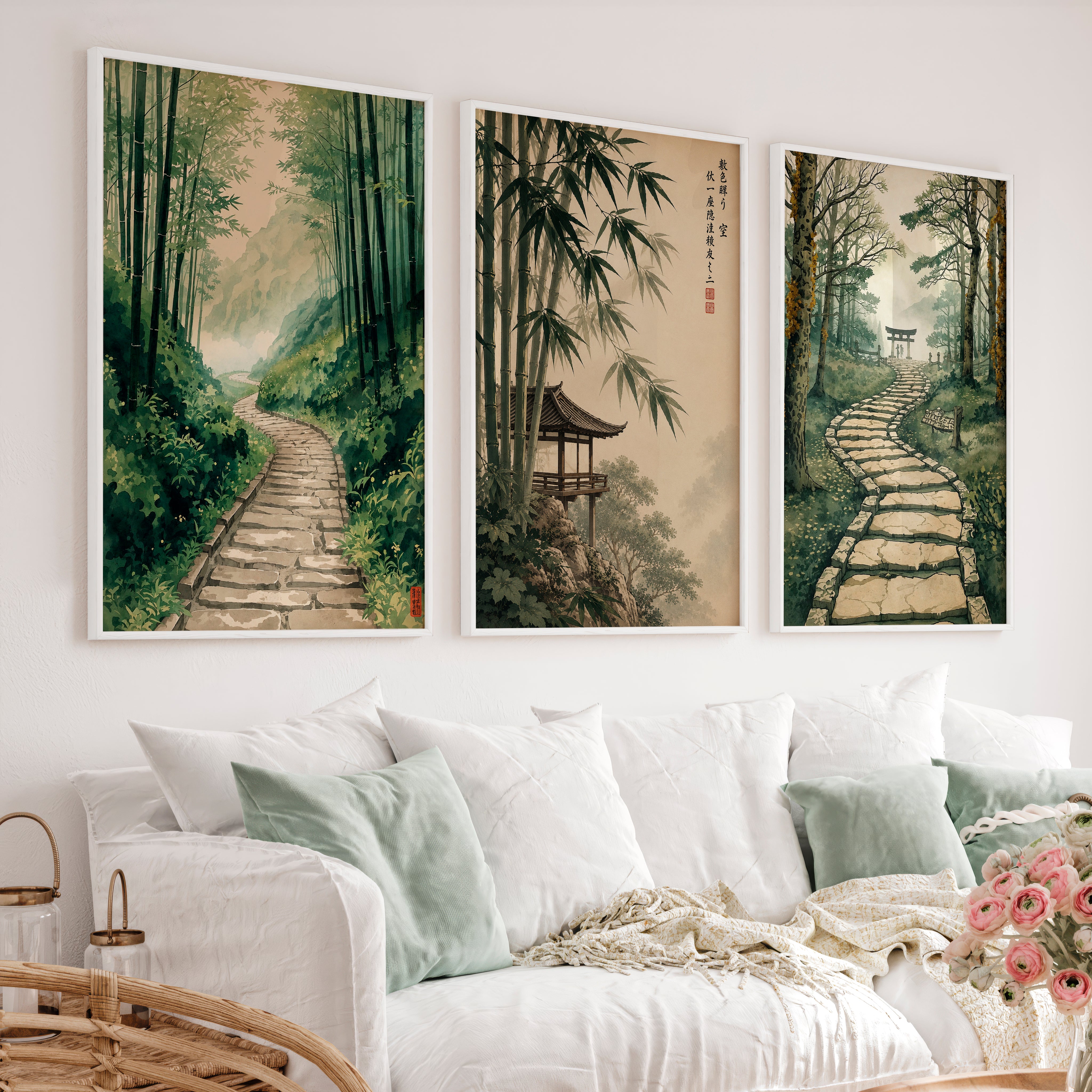 Japanese Art Wall Featuring Three Distinct Tree Illustrations - White Framed Poster No Border - Artworksets