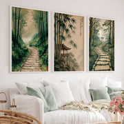 Japanese Art Wall Featuring Three Distinct Tree Illustrations - White Framed Poster No Border - Artworksets