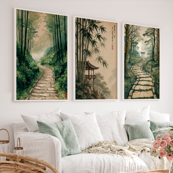 Japanese Art Wall Featuring Three Distinct Tree Illustrations - White Framed Poster No Border - Artworksets