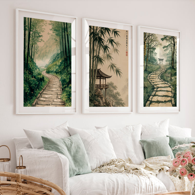 Japanese Art Wall Featuring Three Distinct Tree Illustrations - White Framed Poster with White Border - Artworksets