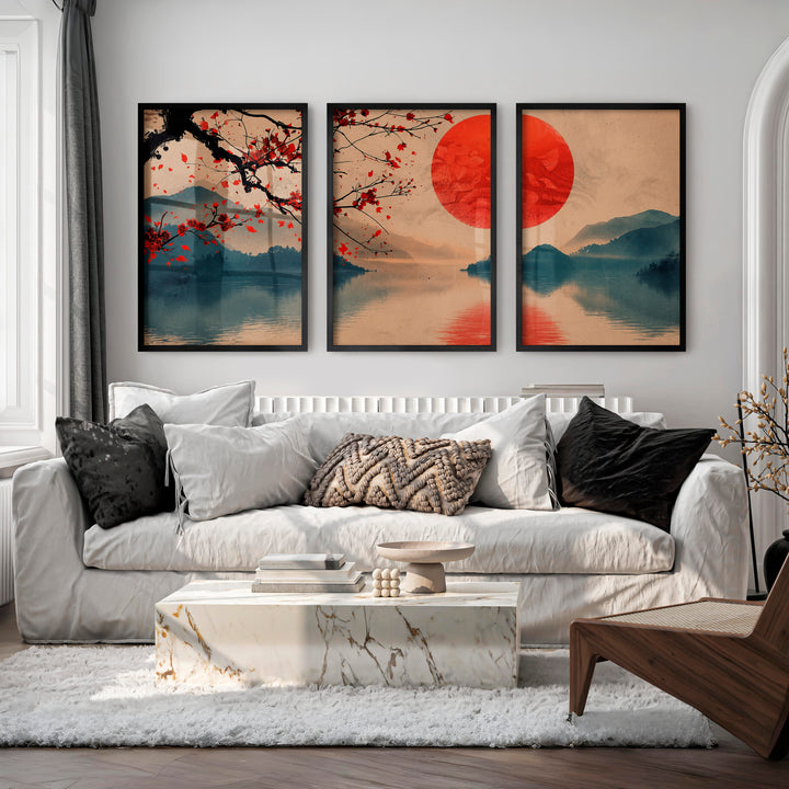 Japanese Art Wall Featuring Wave Lines and Spiral Symbol - Black Framed Poster No Border - Artworksets