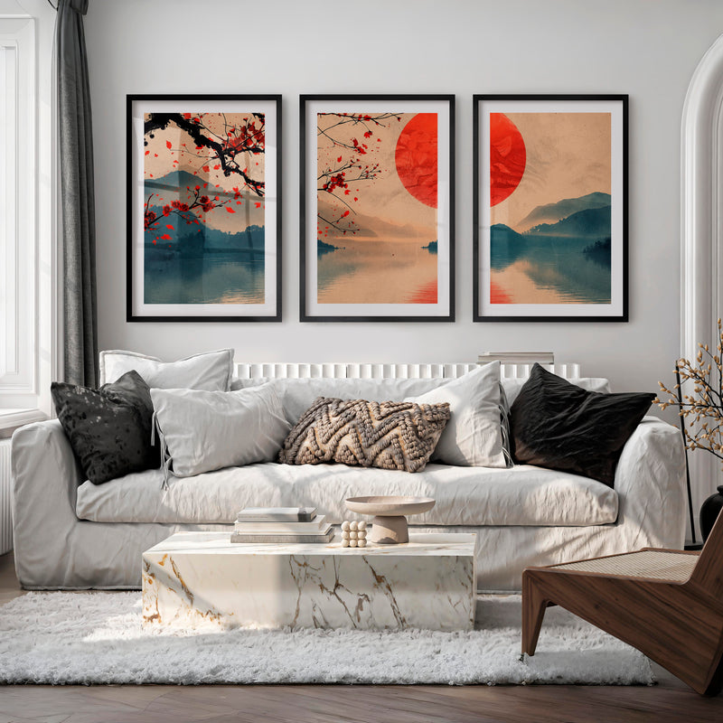 Japanese Art Wall Featuring Wave Lines and Spiral Symbol - Black Framed Poster with White Border - Artworksets