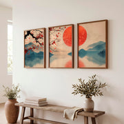 Japanese Art Wall Featuring Wave Lines and Spiral Symbol - Dark Brown Framed Poster No Border - Artworksets