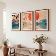 Japanese Art Wall Featuring Wave Lines and Spiral Symbol - Dark Brown Framed Poster with White Border - Artworksets