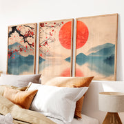 Japanese Art Wall Featuring Wave Lines and Spiral Symbol - Natural Wood Framed Poster No Border - Artworksets