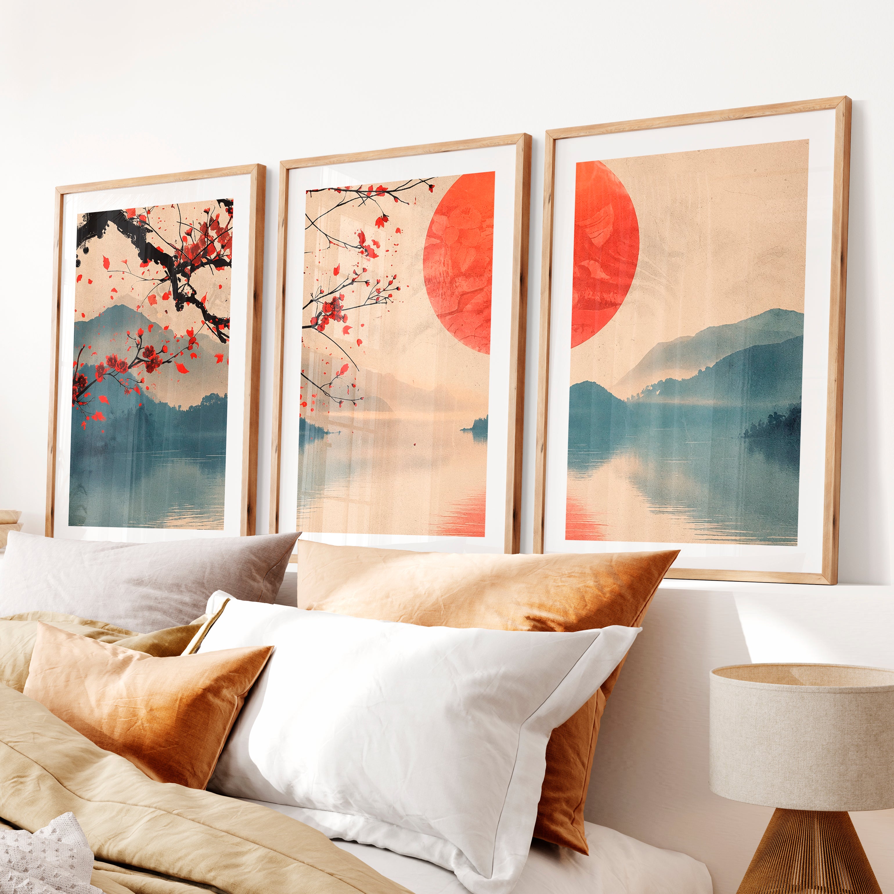 Japanese Art Wall Featuring Wave Lines and Spiral Symbol- Natural Wood Framed Poster with White Border - Artworksets
