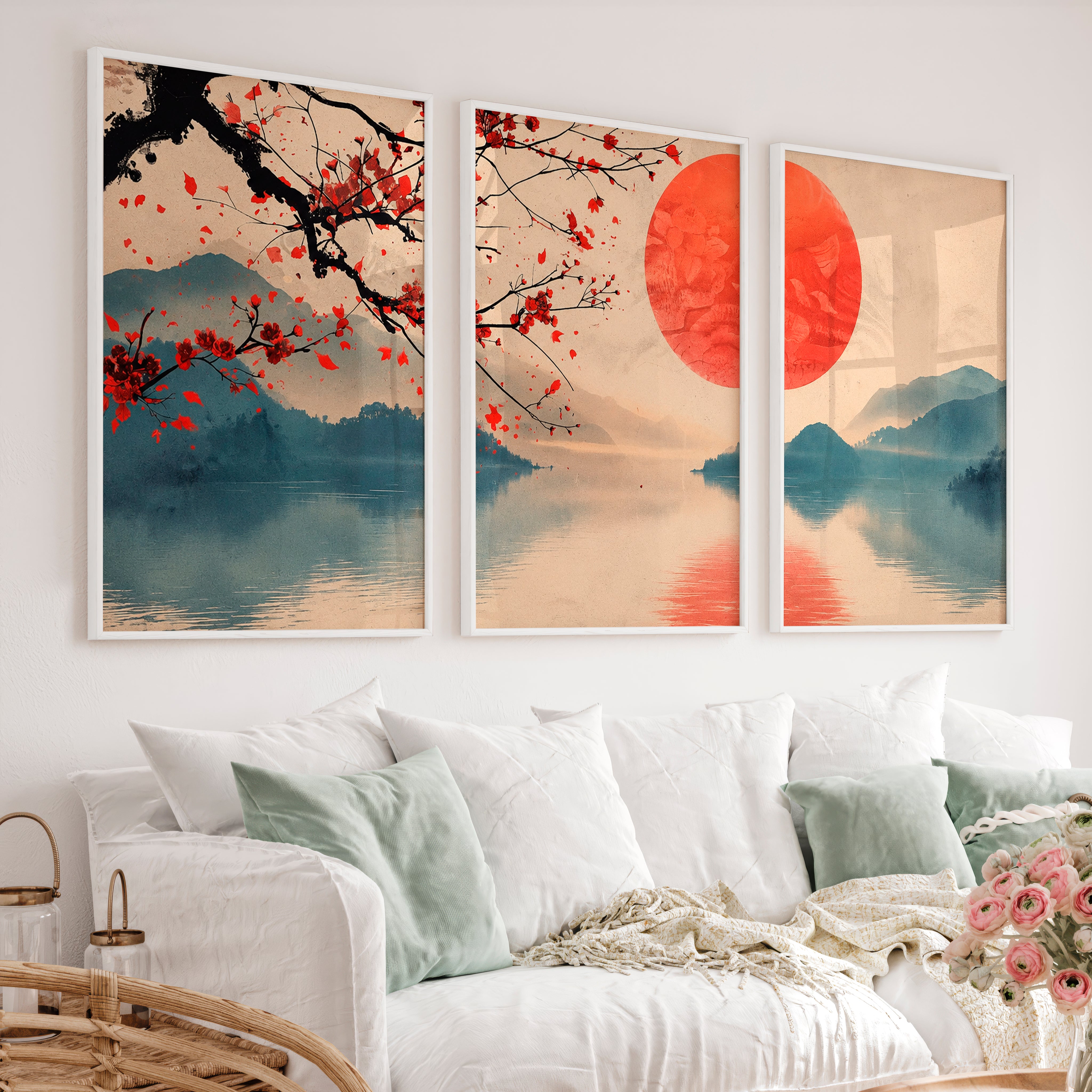 Japanese Art Wall Featuring Wave Lines and Spiral Symbol - White Framed Poster No Border - Artworksets