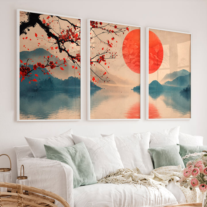 Japanese Art Wall Featuring Wave Lines and Spiral Symbol - White Framed Poster No Border - Artworksets