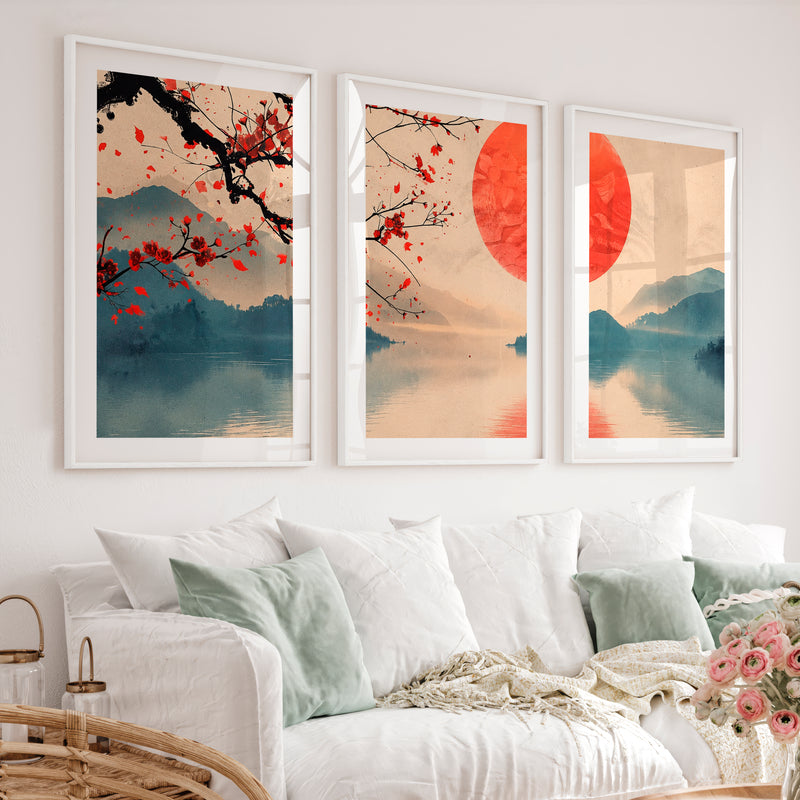 Japanese Art Wall Featuring Wave Lines and Spiral Symbol - White Framed Poster with White Border - Artworksets
