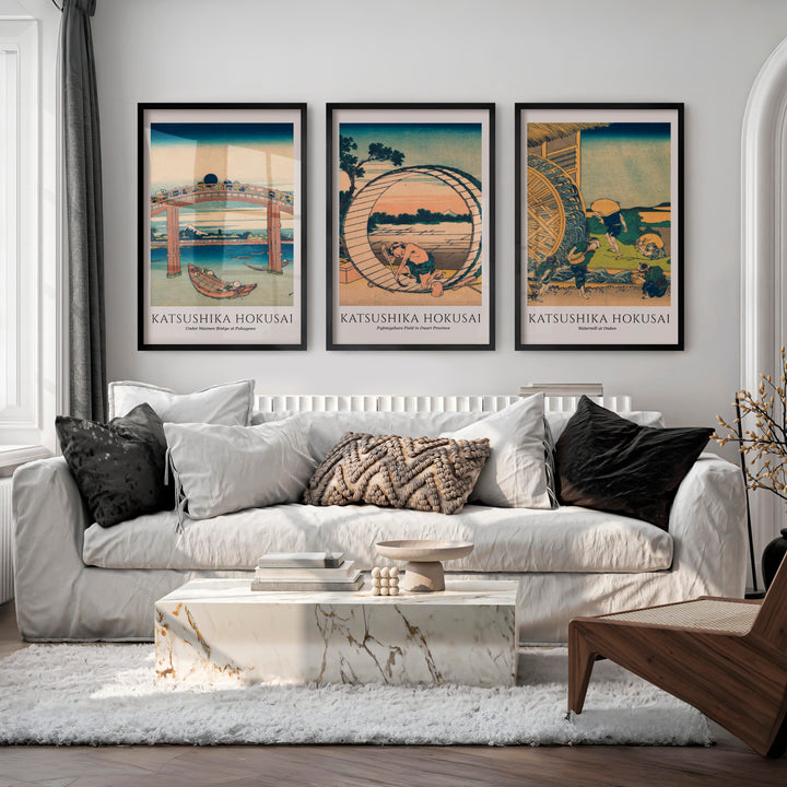 Hokusai Bridge and Village Japanese Artwork Prints - Black Framed Poster No Border - Artworksets