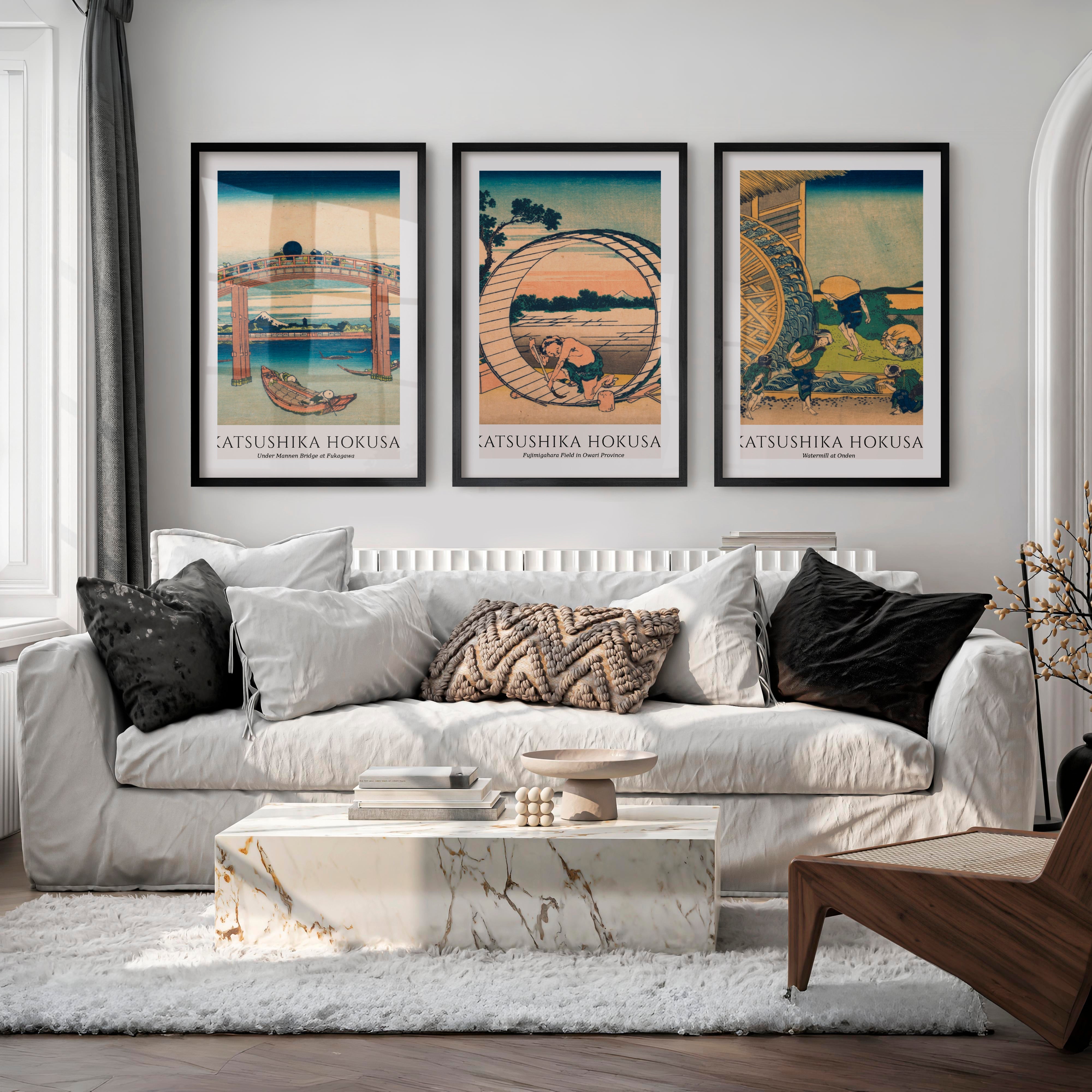 Hokusai Bridge and Village Japanese Artwork Prints - Black Framed Poster with White Border - Artworksets