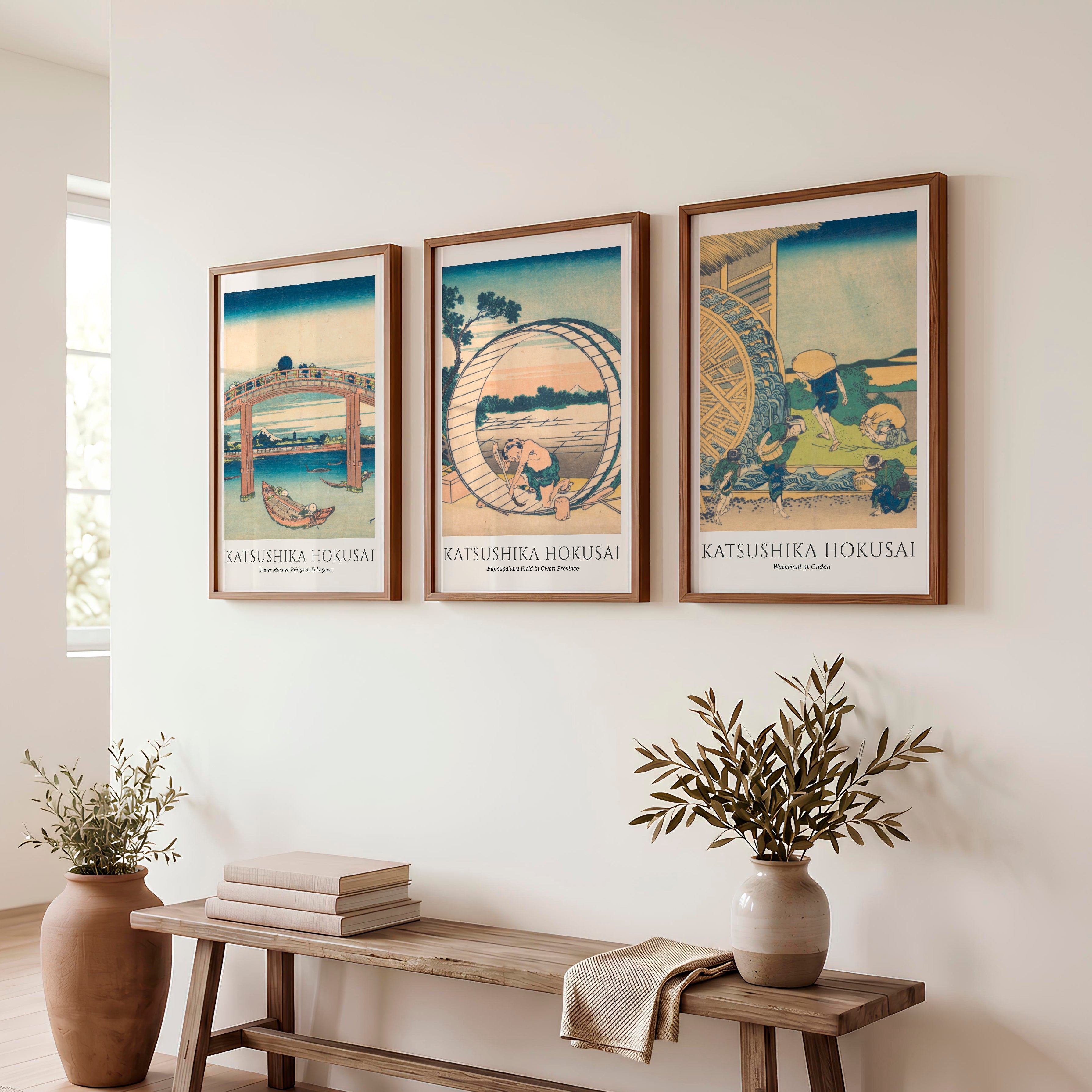 Hokusai Bridge and Village Japanese Artwork Prints - Dark Brown Framed Poster No Border - Artworksets