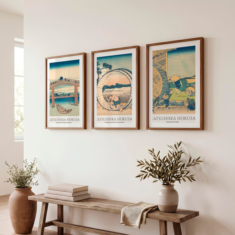 Hokusai Bridge and Village Japanese Artwork Prints - Dark Brown Framed Poster with White Border - Artworksets