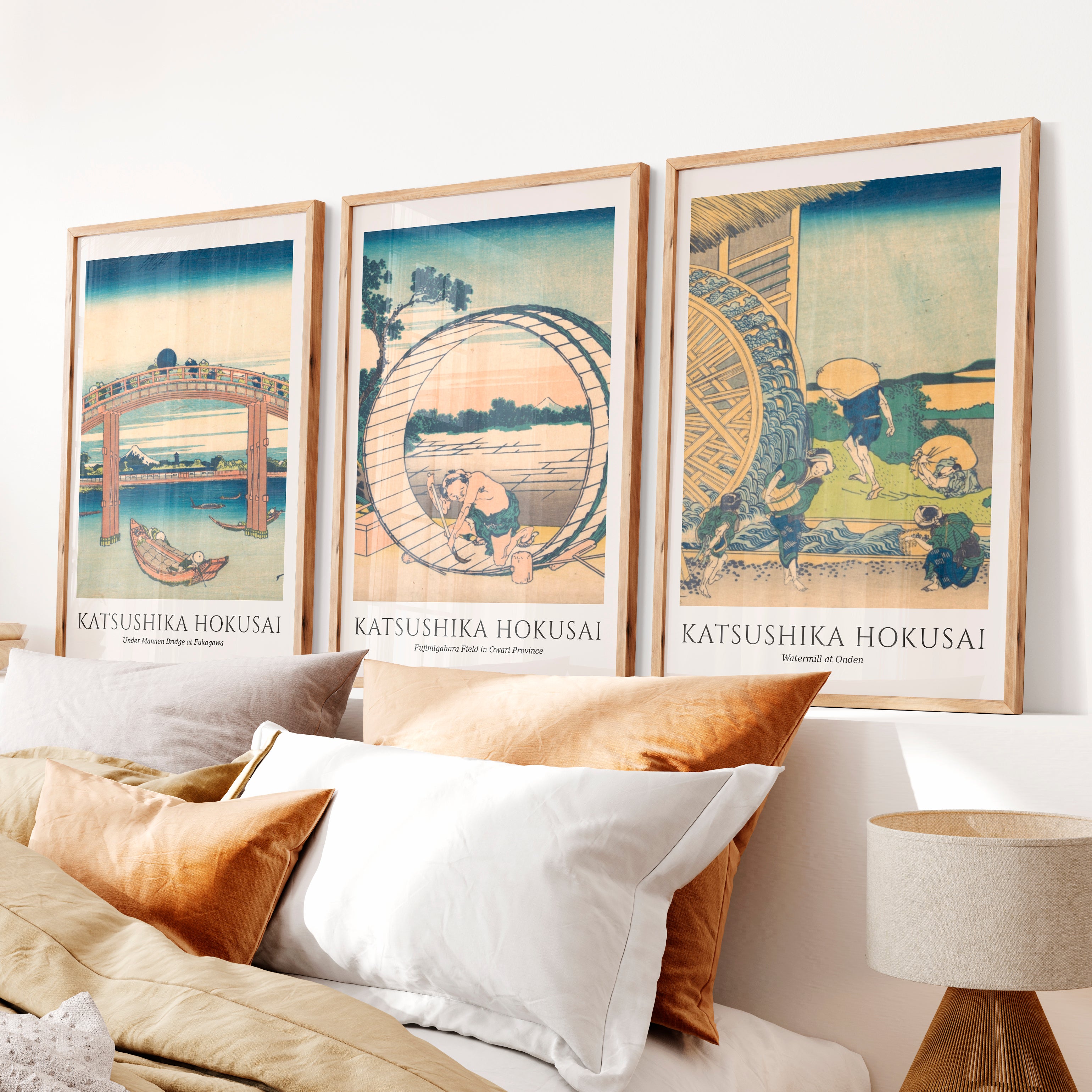 Hokusai Bridge and Village Japanese Artwork Prints - Natural Wood Framed Poster No Border - Artworksets