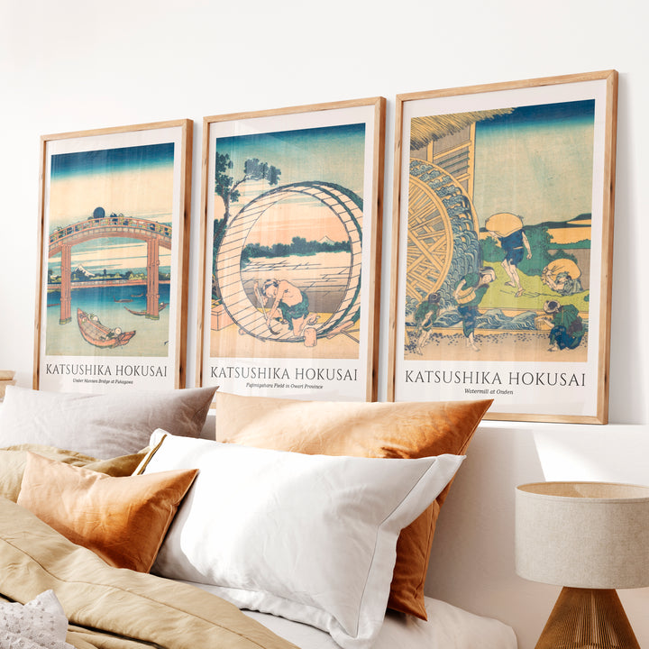 Hokusai Bridge and Village Japanese Artwork Prints - Natural Wood Framed Poster No Border - Artworksets