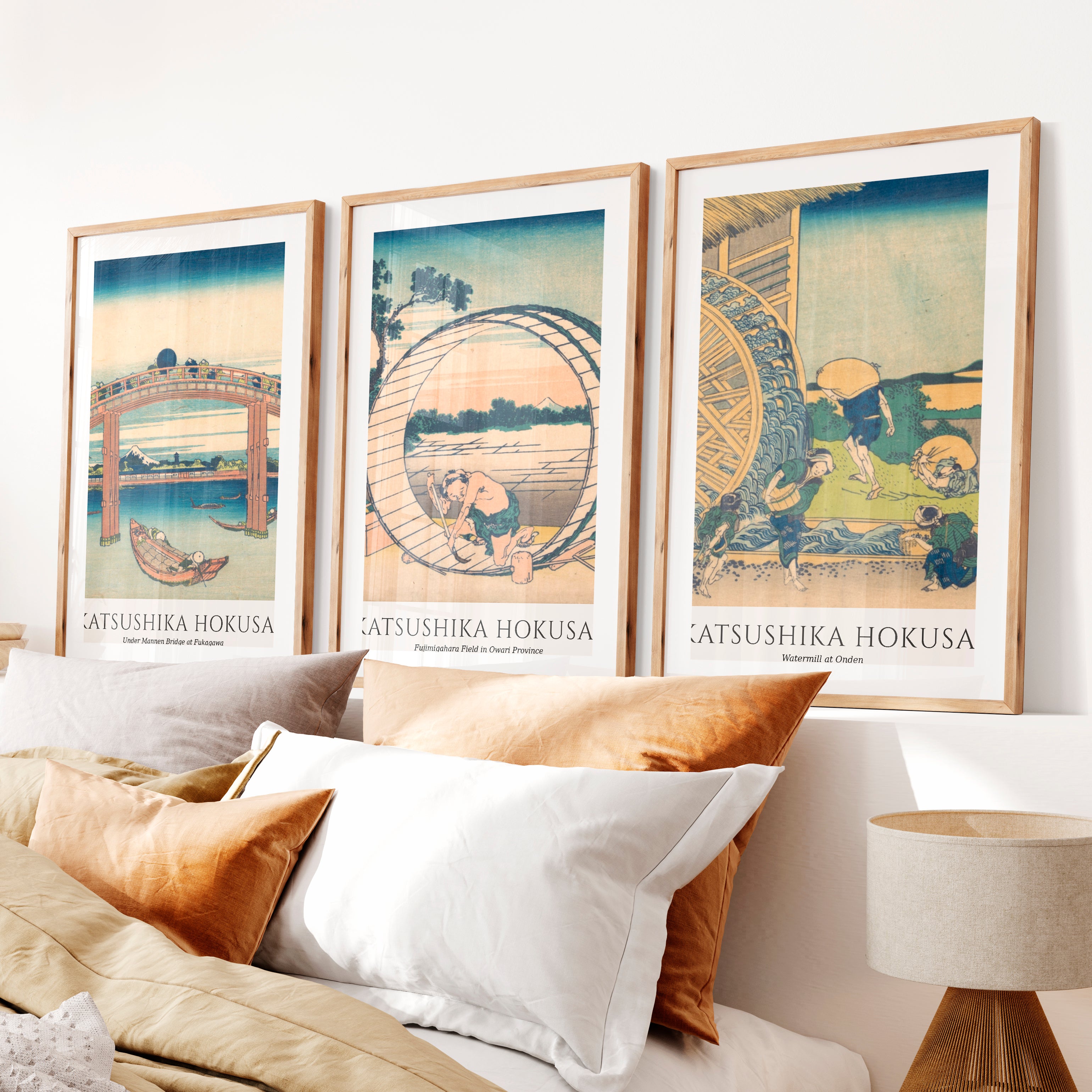 Hokusai Bridge and Village Japanese Artwork Prints- Natural Wood Framed Poster with White Border - Artworksets